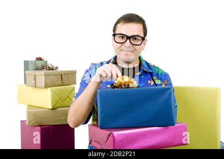 happy silly salesman with some boxes, isolated on white Stock Photo