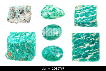 set of various green Amazonite (Amazon stone) gemstones isolated on white background Stock Photo