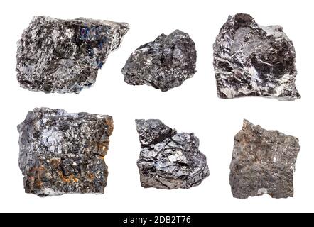 set of various Bituminous coal (black coal) rocks isolated on white background Stock Photo