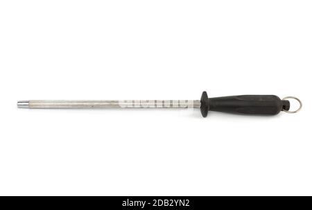 vintage metal sharpener for kitchen knives with a plastic black handle isolated on white background Stock Photo