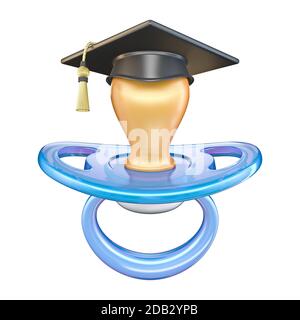 Blue pacifier with graduation cap 3D render illustration isolated on white background Stock Photo