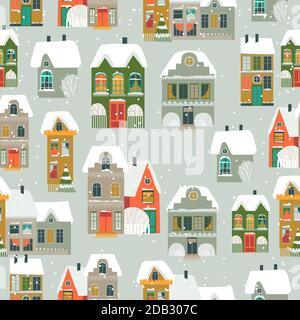 Seamless pattern with cartoon little town in Christmas time Stock Vector