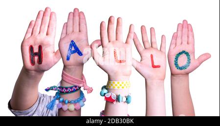 Children Hands Building Colorful German Word Hallo Means Hello. White Isolated Background Stock Photo