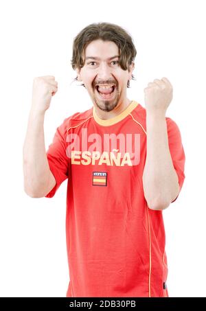 happy spanish man supporter, isolated on white Stock Photo