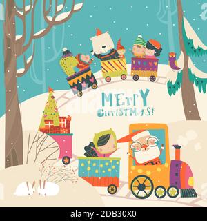Cheerful Christmas train with Santa, children and animals Stock Vector