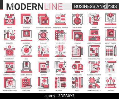 Business analytics complex flat line icons vector set, businessman analyst tools, digital analyzing stock market information, consulting strategy outline web symbols collection Stock Vector