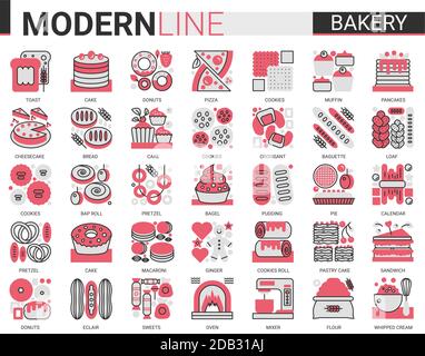 Bakery complex concept flat line icons vector set. Sweet food dessert outline pictogram collection with baker chef sugar products and equipment, bread cake pie cookie cheesecake symbols Stock Vector