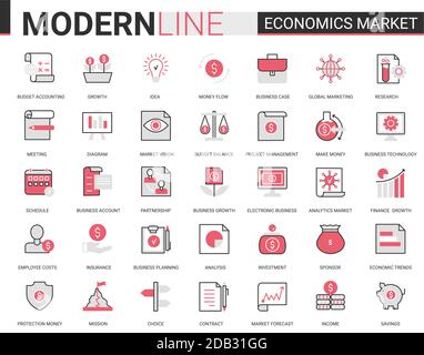 Economics stock market flat line icon vector illustration set. Red black thin linear economical analytics symbols of finance marketing, bank account analysis and research, banking data technology Stock Vector