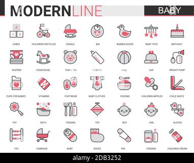 Baby care flat line web icon vector illustration set. Red black design of items symbol for newborn infant child, baby accessories, clothes, toys. Maternity and childhood outline collection Stock Vector