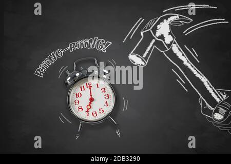 illustrated photo, with blackboard effect, representing a hand armed with a hammer that is about to destroy an alarm clock Stock Photo