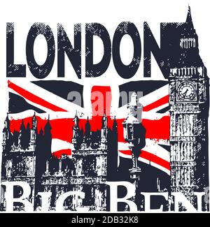 london city united kingdom flag text big ben illustration Stock Photo