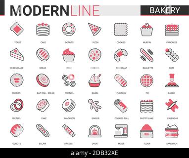 Bakery red black flat line icon vector illustration set. Sweet food dessert outline pictogram collection with baker chef sugar products and equipment, bread cake pie cookie cheesecake symbols Stock Vector
