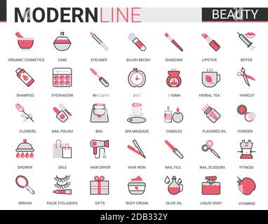 Beauty cosmetics flat line icon vector illustration set. Red black website design, face or body skin care organic cosmetics, spa salon items for beautiful woman, aroma therapy collection Stock Vector