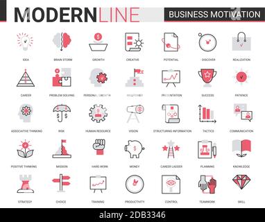 Business motivation thin red black flat line icon vector illustration set with motivational outline symbols for productivity of financial processes, teamwork business planning, communication training Stock Vector