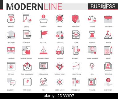 Business flat thin red black line icon vector illustration set with outline infographic symbols of success business strategy for money savings growth, successful planning budget and office work Stock Vector