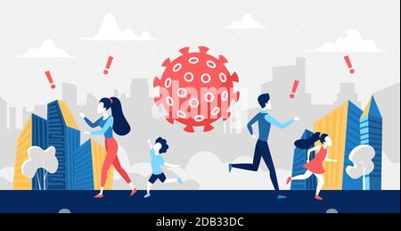 Social panic over coronavirus covid19 crisis vector illustration. Cartoon people run in stress, man woman and child panicking, running away from epidemic health danger, virus risk concept background Stock Vector