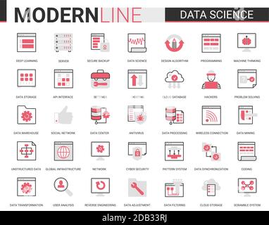 Data science thin red black flat line icon vector illustration set with outline symbols collection of scientific technology in database storage internet systems, cyber security of network connection Stock Vector