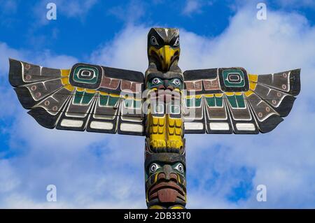 Canadian First Nation Carved totem pole on Vancouver Island British Columbia Canada.Purpose Stock Photo