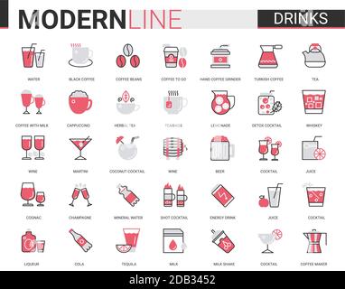 Drink flat thin red black line icons vector illustration set, outline drinking liquid and beverage website symbols collection of coffee or tea cup and equipment, alcohol cocktails, cafe or bar menu Stock Vector