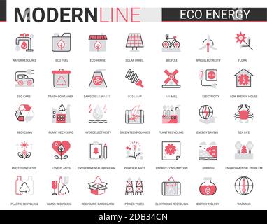 Eco energy flat line icon vector illustration set. Red black website design collection of ecology problems linear symbols, environmental ecosystem protection and green waste recycling technology Stock Vector