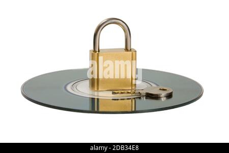 Data Protection CD disc key and lock isolated on white background Stock Photo
