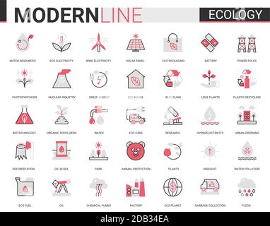 Ecology flat line icon vector illustration set. Red black thin linear design collection of ecosystem environmental resource symbols, eco cars houses, modern green city technology to save environment Stock Vector