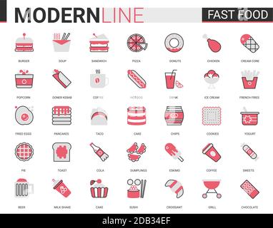 Fast food flat thin red black line icons vector illustration set, outline streetfood cafe menu linear symbols, junk food collection of linear burger sandwich pizza donut pie cake pancakes croissant Stock Vector