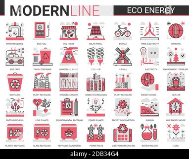Eco energy complex concept flat line icons vector illustration set of ecology problems linear symbols, environmental ecosystem protection and green waste recycling technology. Stock Vector