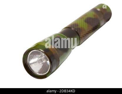 military flashlight with a strap on white background Stock Photo