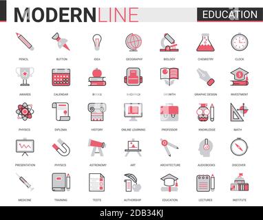 Education flat thin red black line icon vector illustration set with ...