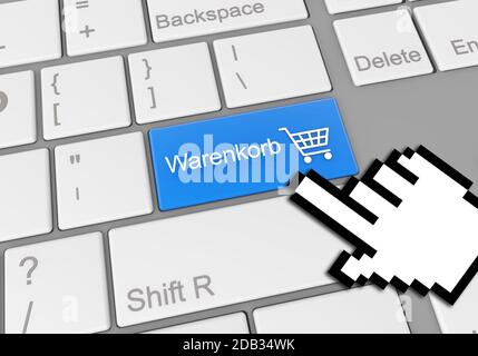 A digital illustration of a mouse clicking on a cart keyboard button in german for online shopping Stock Photo