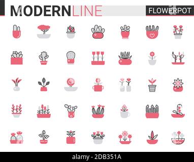 Flower pots for home garden flat thin red black line icon vector illustration set. Flowerpots outline pictogram gardening decoration symbols, linear florist decor collection with potted plants or tree Stock Vector