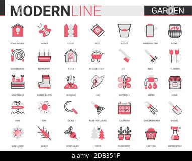 Garden farm tool icon vector illustration set. Red black thin flat line gardening or landscaping accessories for gardener farmer worker, agriculture equipment collection of outline pictogram symbols Stock Vector