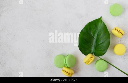 colorful macarons on a white concrete background. copy space Stock Photo