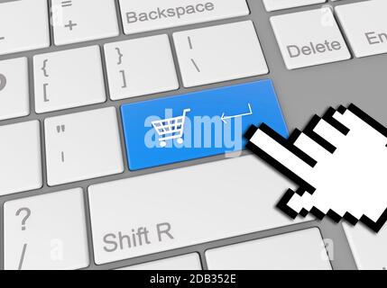 A digital illustration of a mouse clicking on a blue cart keyboard button for online shopping Stock Photo