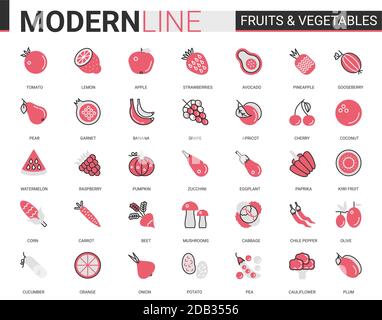 Fruits vegetables flat thin red black line icon vector illustration set with outline fresh organic vegetarian food symbols, collection of corn apple, carrot onion potato avocado mushroom tomato Stock Vector