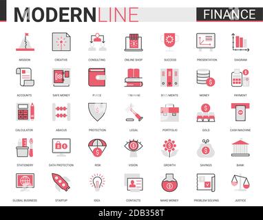 Finance flat thin red black line icon vector illustration set with outline financial business symbols collection of commerce analysis technology, economic data consulting and analyzing bank account Stock Vector