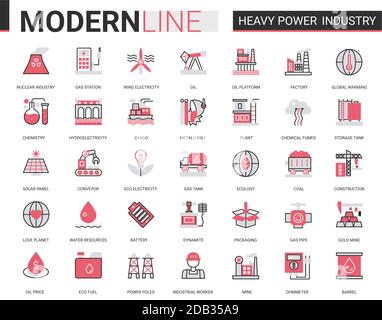 Heavy power industry flat thin red black line icon vector illustration set with outline infographic industrial manufacturing symbols of metallurgy, chemical plant and factory, electricity production Stock Vector