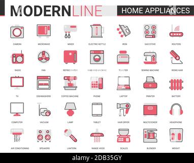 Home appliances flat line icon vector illustration set. Red black thin linear symbols for house cleaning, kitchen or bathroom household items, hair body care and electronic gadgets outline collection Stock Vector