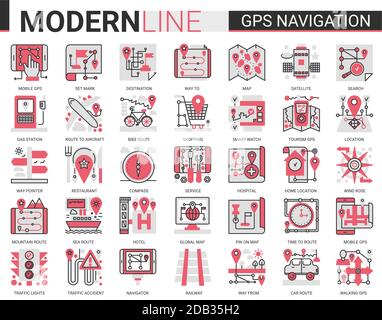Gps navigation service complex concept flat line icon vector illustration set collection of travel symbols for mobile navigator, map geo location of home or traveling destination. Stock Vector