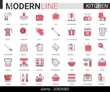 Kitchen flat line icon vector illustration set. Red black thin linear kitchenware utensil, glass dishware, equipment tools for cooking food and household appliances mobile app symbols collection Stock Vector