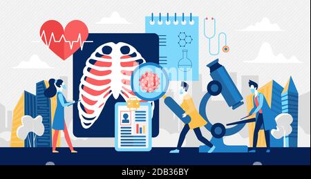 Lungs test analysis on corona virus disease vector illustration. Cartoon doctor scientist people team testing coronavirus, analyzing medicine xray picture, patient lung medical exam concept background Stock Vector
