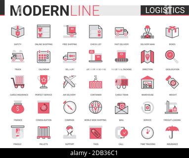Logistics transportation, delivery service flat line icon vector illustration set. Red black thin linear delivering symbols for mobile app website with freight transport, warehouse loading, shipping Stock Vector