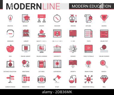 Modern education flat line icons vector illustration set with linear educational technology symbols for mobile apps with process learning in tech online course, school or university Stock Vector