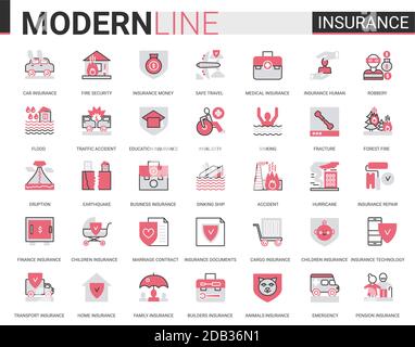 Insurance flat thin red black line icon vector illustration set with outline assurance infographic app symbols of insurance service for family health, home property or car transport, business finance Stock Vector
