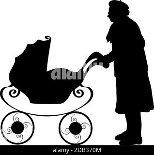 Silhouette of grandmother with baby stroller Stock Vector