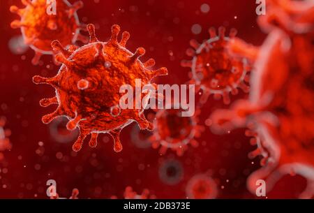 corona virus 2019-ncov flu outbreak, microscopic view of floating influenza virus in blood, SARS pandemic risk concept, 3D rendering illustration Stock Photo