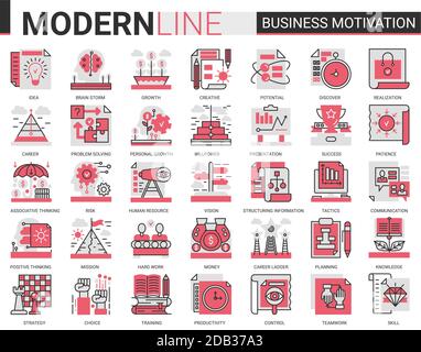 Business motivation complex concept flat line icon vector set with motivational outline symbols, productivity of financial processes, teamwork business planning, communication training Stock Vector