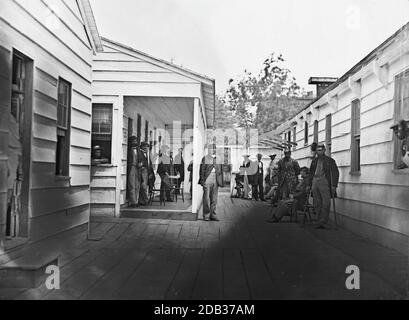 Washington, D.C. Convalescent soldiers and others outside quarters of the Sanitary Commission Home Lodge. Stock Photo