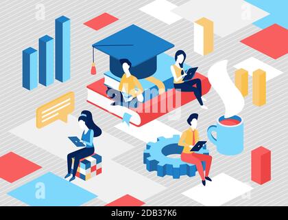 Online education service isometric concept vector illustration. Cartoon 3d tiny student people study, sit on books stack, holding mobile devices for exam, training or reading educational background Stock Vector